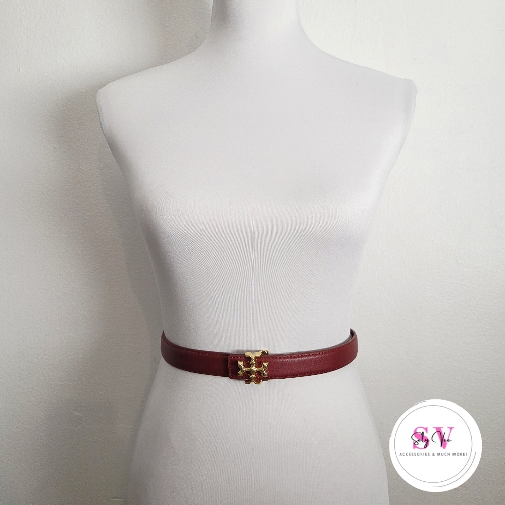 Burgundy Belt with Cross Gold Buckle